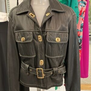 Black Leather Jacket with Gold Accents